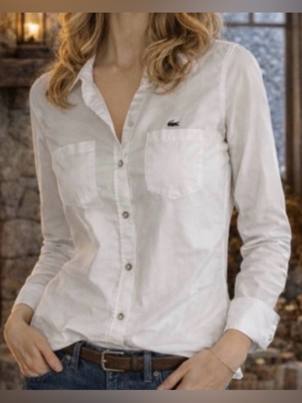 NWOT LADIES LACOSTE WHITE CORDUROY LONG-SLEEVE BUTTON-DOWN SHIRT - SIZE 34